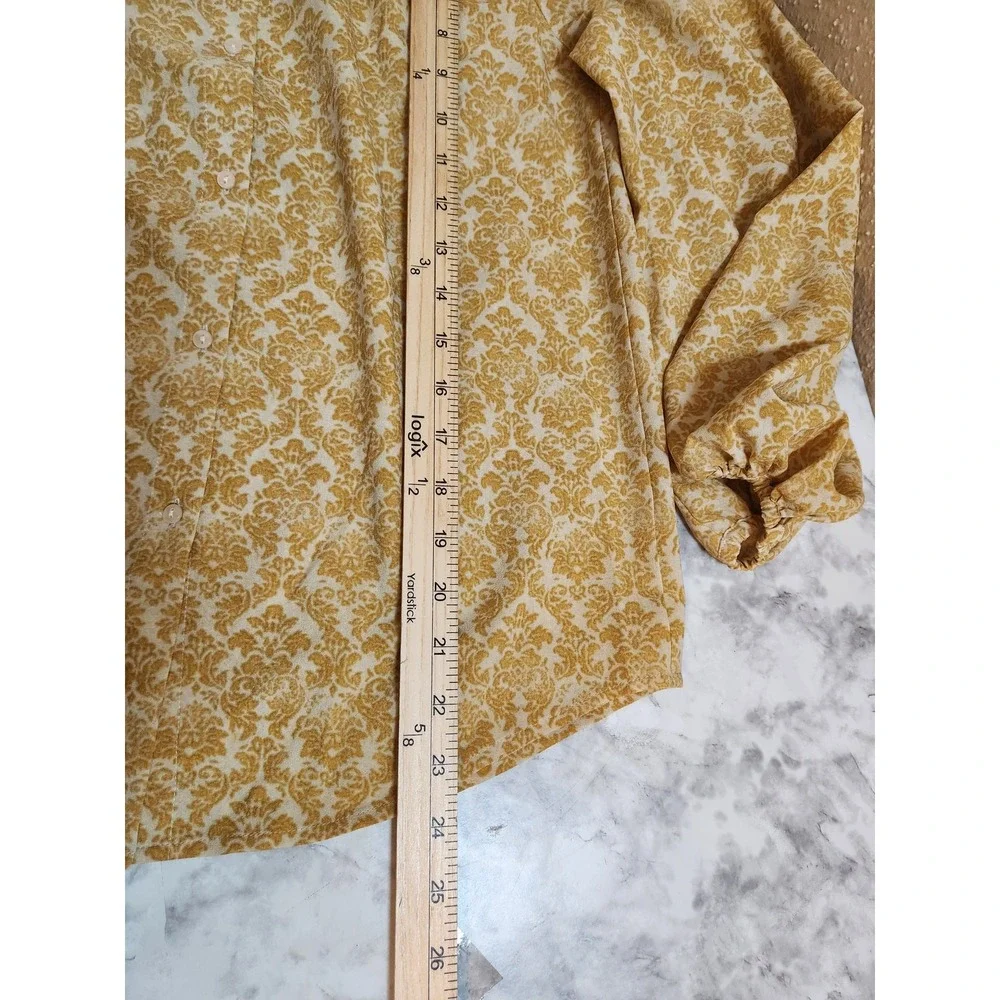 LOFT Size XS Yellow Damask Print Button Front Blouse Long Puff Sleeve Round Neck